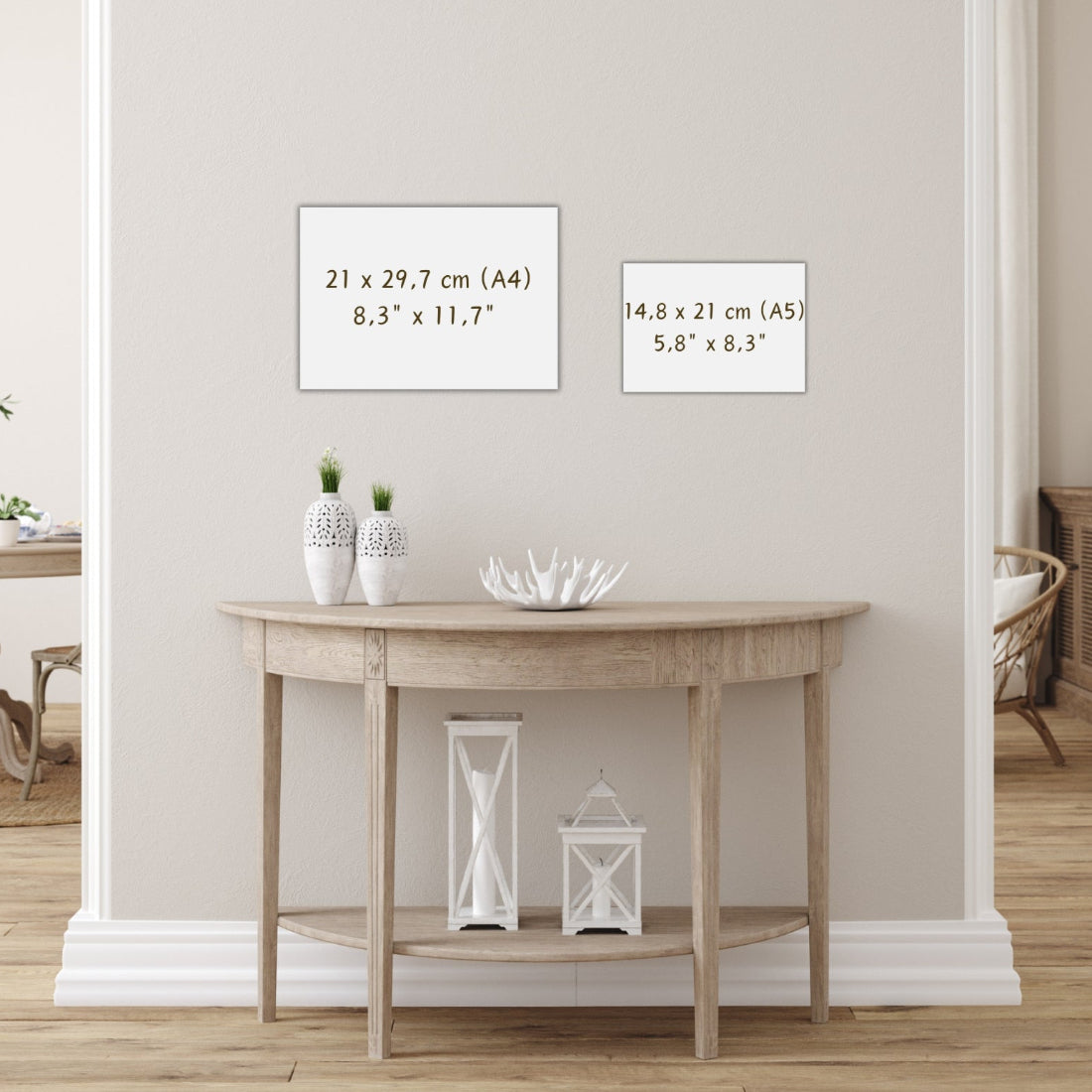 Two framed prints on a wall with measurements displayed, in a room with wooden furniture and decor.