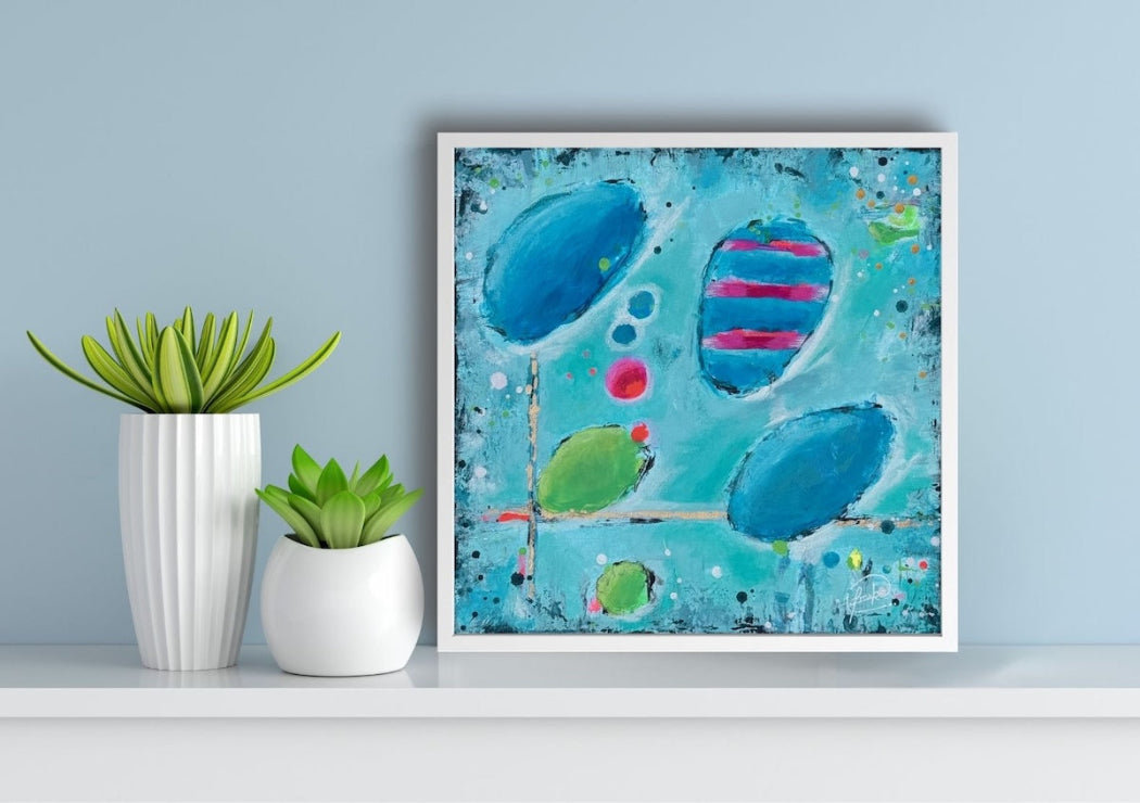 Beautiful Mess Small Original Painting by Frauke Claire Framed Ready to Hang Colourful Acrylic Memory Inspired Artwork with rounded shapes and metallic gold