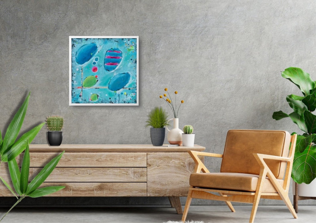 Beautiful Mess Small Original Painting by Frauke Claire Framed Ready to Hang Colourful Acrylic Memory Inspired Artwork with rounded shapes and metallic gold