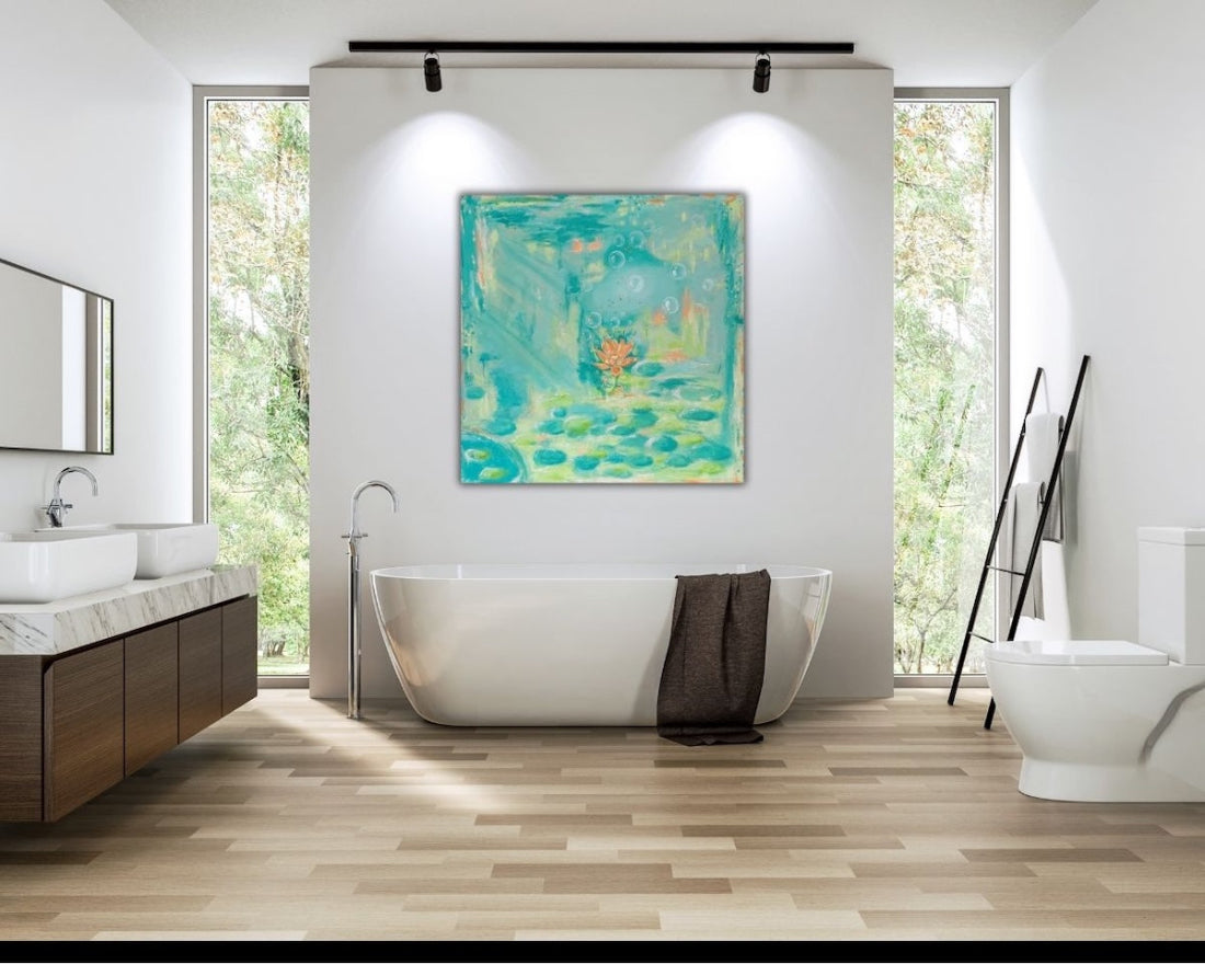 Bursting into Bloom Large Original Painting by Frauke Claire Unframed Ready to Hang features soft brushstrokes vibrant colour and playful movement with touches of metallic copper and pearlescent shimmer