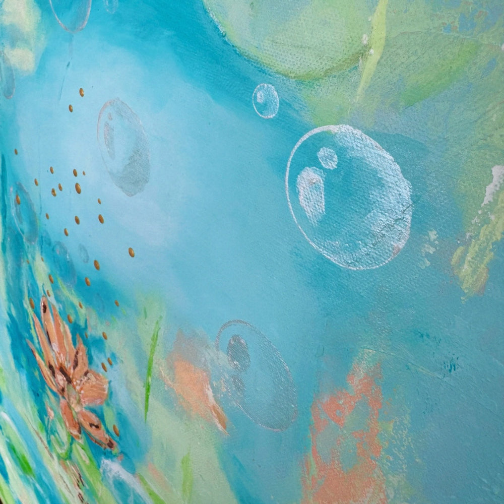 Bursting into Bloom Large Original Painting by Frauke Claire Unframed Ready to Hang features soft brushstrokes vibrant colour and playful movement with touches of metallic copper and pearlescent shimmer