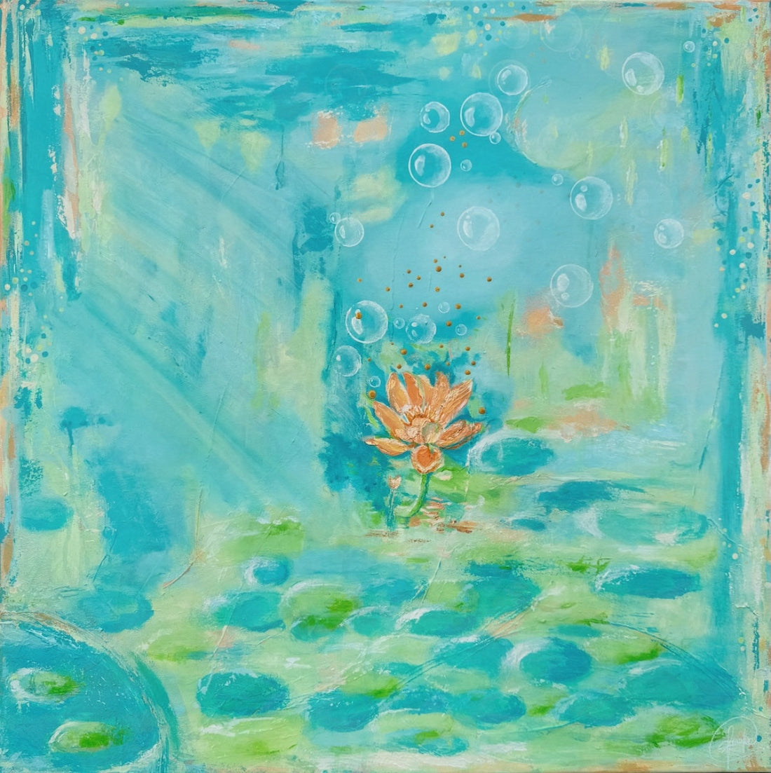 Bursting into Bloom Large Original Painting by Frauke Claire Unframed Ready to Hang features soft brushstrokes vibrant colour and playful movement with touches of metallic copper and pearlescent shimmer