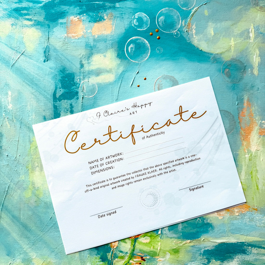 certificate of authenticity on colourful painting with bubbles