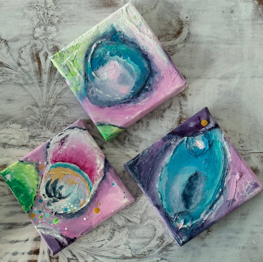 Enchanting Energy Original Triptych Uplifting Semi Abstract Acrylic Wall Art featuring playful pinks calming blues fresh greens and shimmering gold