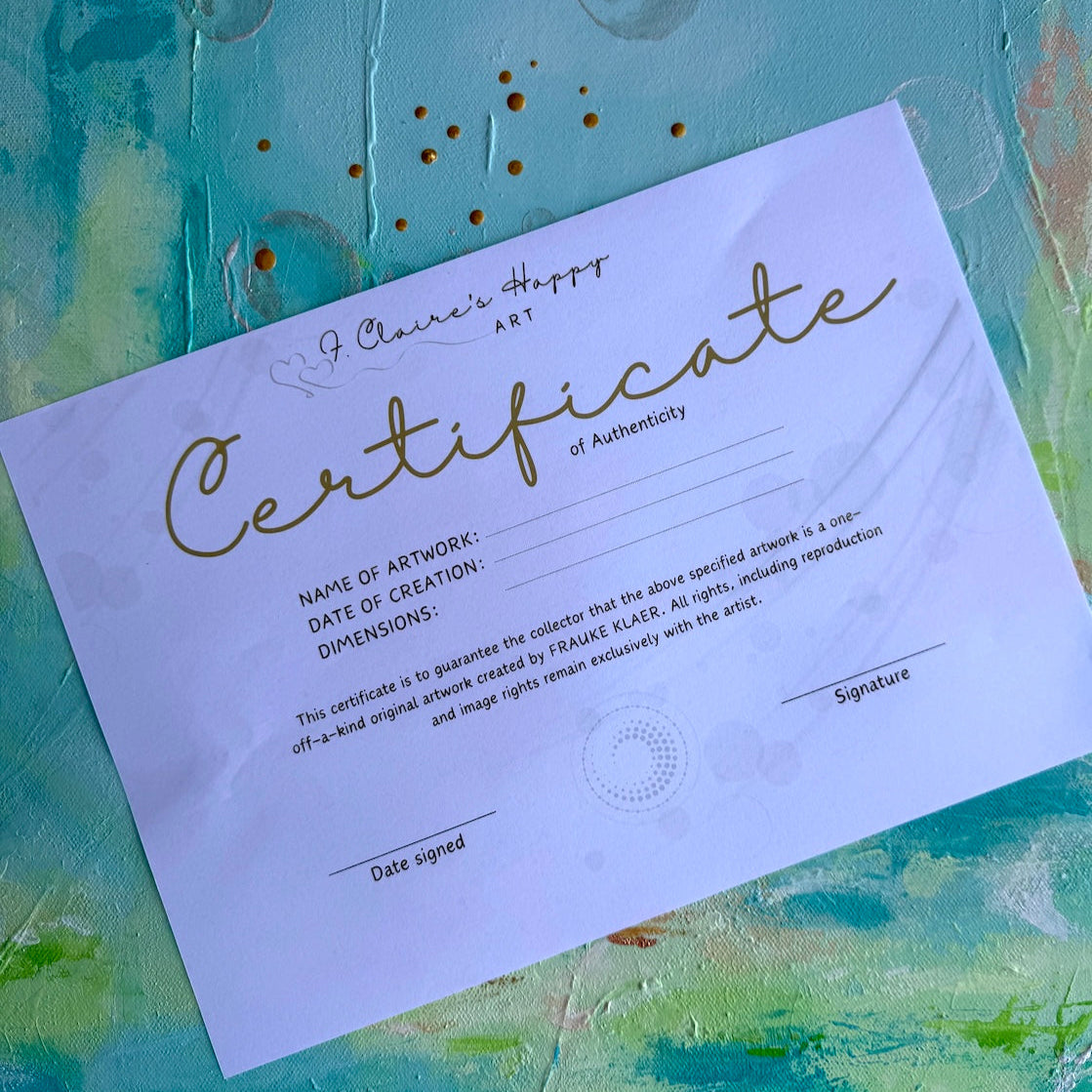 Certificate of authenticity on a textured blue and green background