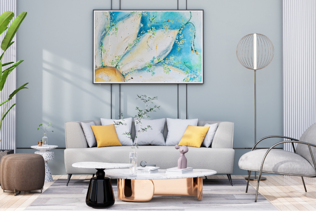 Toward the Sun Original Painting by Frauke Claire Unframed Ready to Hang abstract flower painting in calming blue light yellow gentle white and shimmering gold