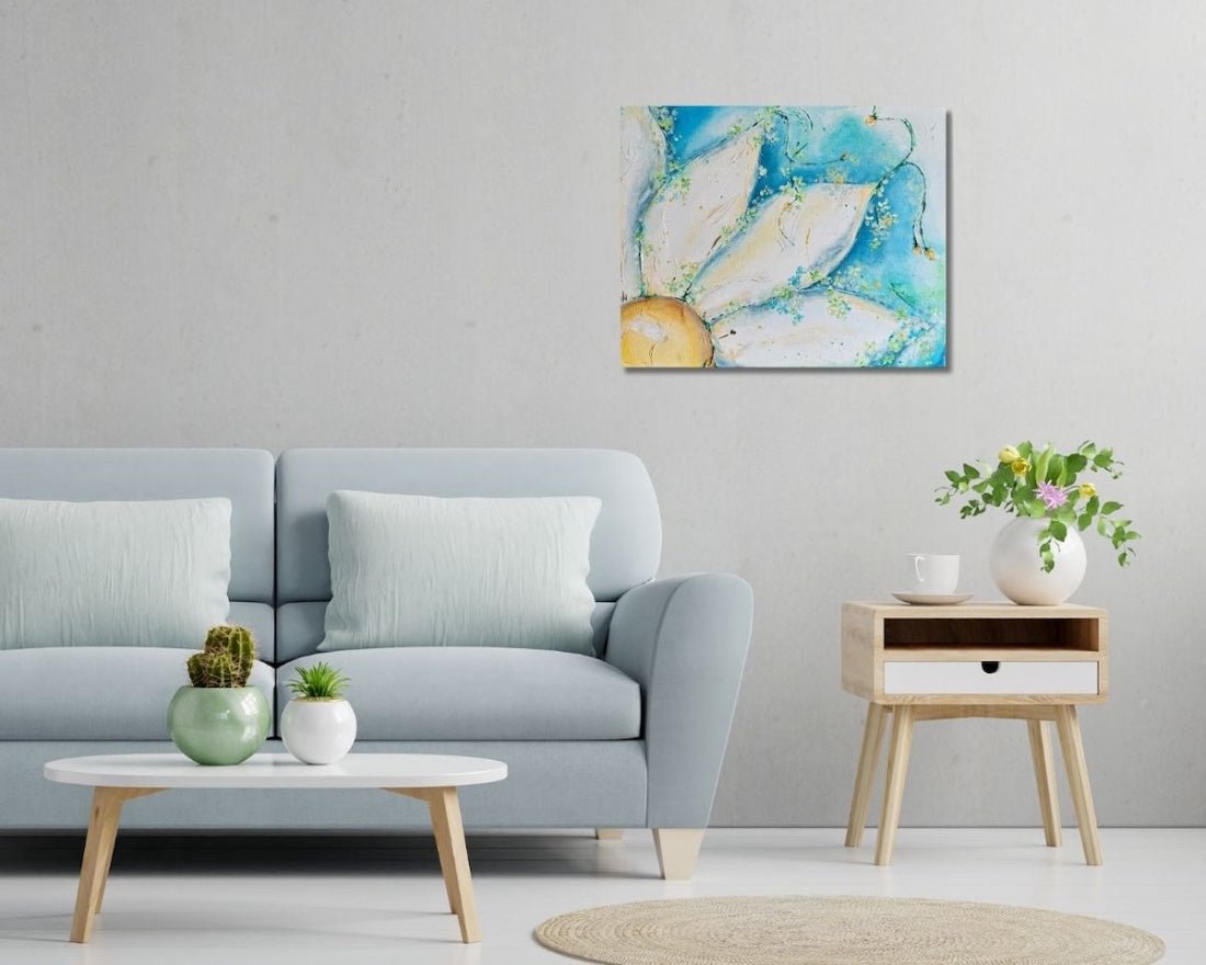 Toward the Sun Original Painting by Frauke Claire Unframed Ready to Hang abstract flower painting in calming blue light yellow gentle white and shimmering gold