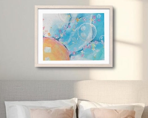 Bedroom with a colorful abstract painting on the wall above the bed.