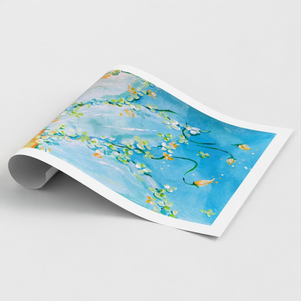 A rolled fine art paper print with a vibrant blue floral painting with green and yellow flowers, displayed on a light gray background.