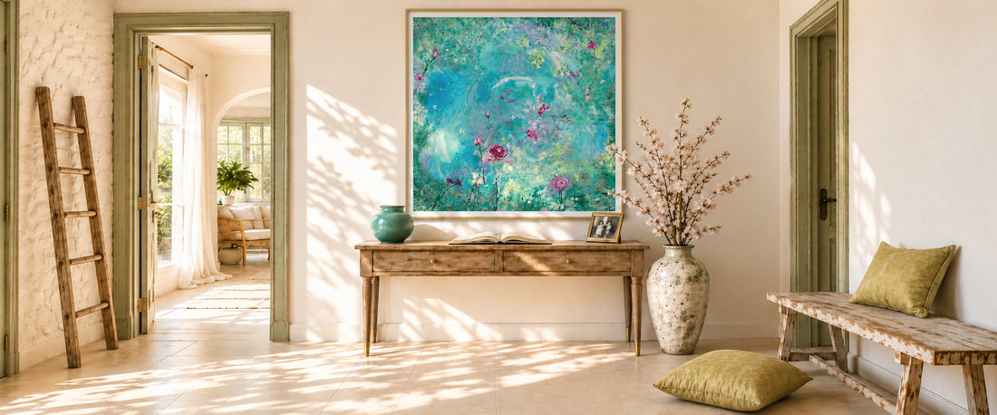 Whispers of a Dream blue floral wall art print in a sunlit hallway