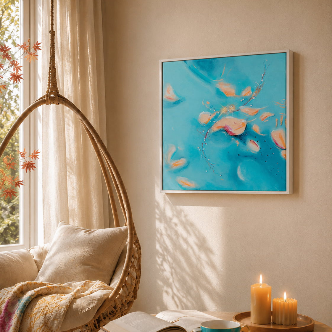 A Glowing Change abstract wall art in a sunlit room - turquoise canvas with floating frame, peach petal shapes, warm reading nook setting.
