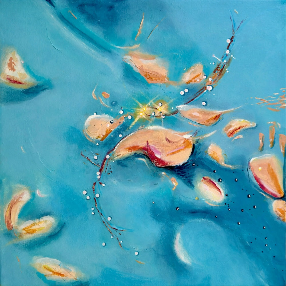Blue abstract painting with orange floating shapes and a glowing light in the middle