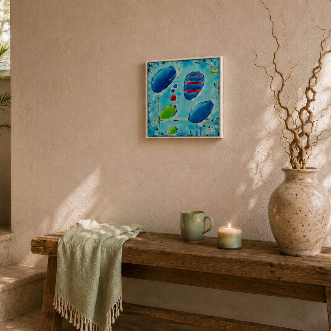 Abstract painting with blue, green, and red shapes with gold details on a sunlit wall above a wooden bench in a hallway