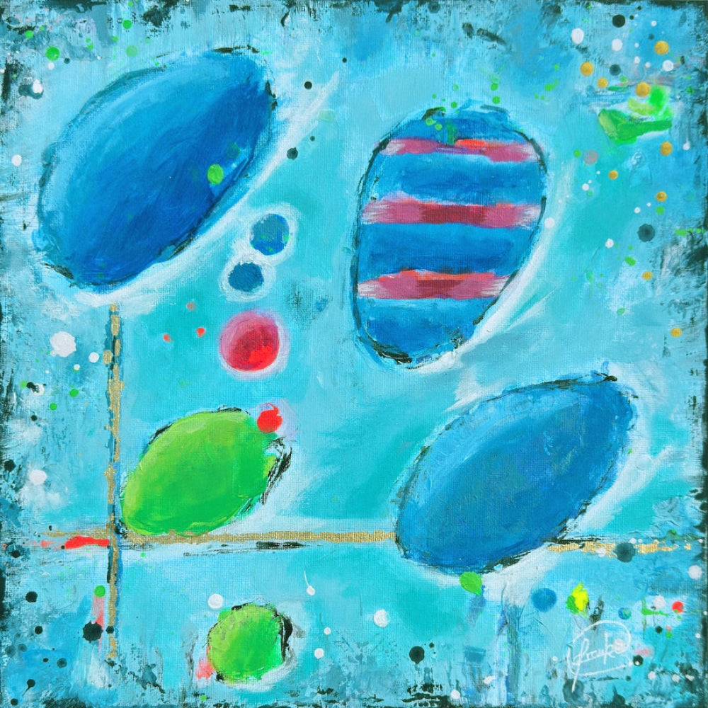 Abstract painting with blue, green, and red shapes  with gold details on a blue background