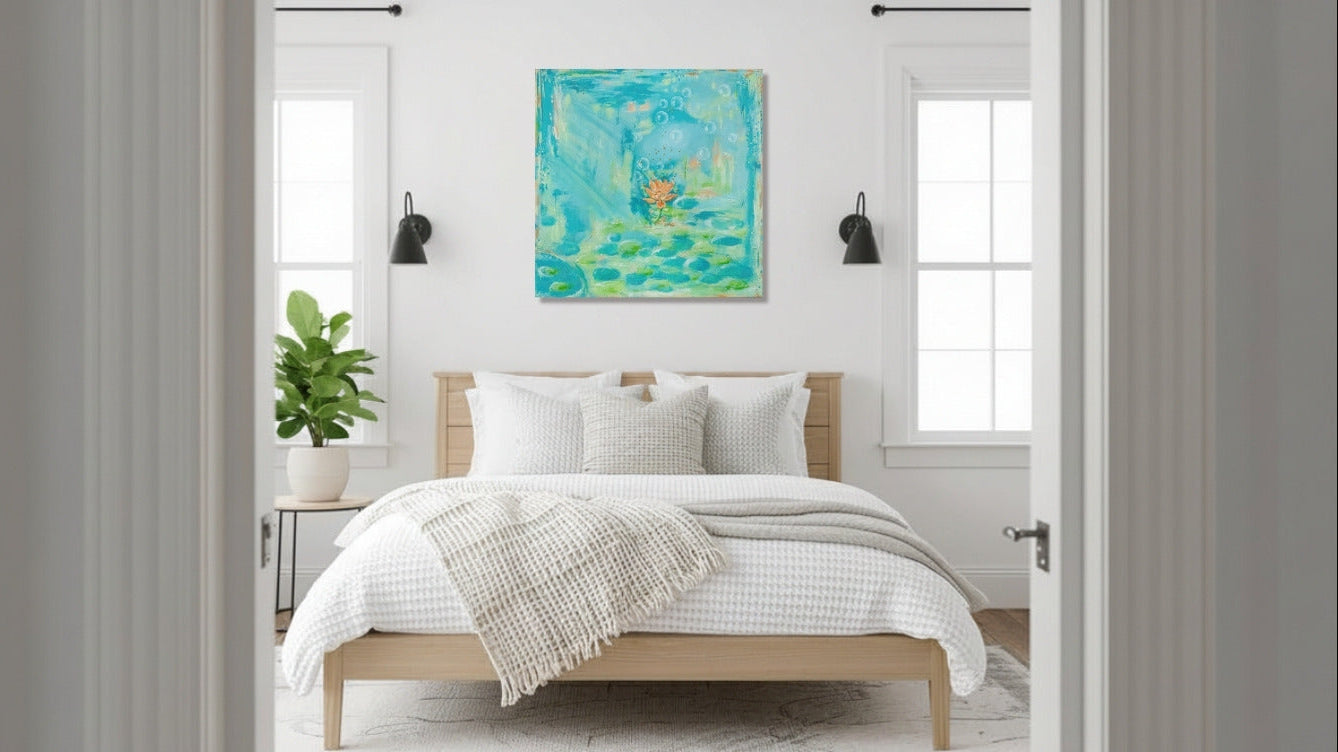 Bedroom with wooden bed, white bedding, and a colorful abstract painting on the wall.