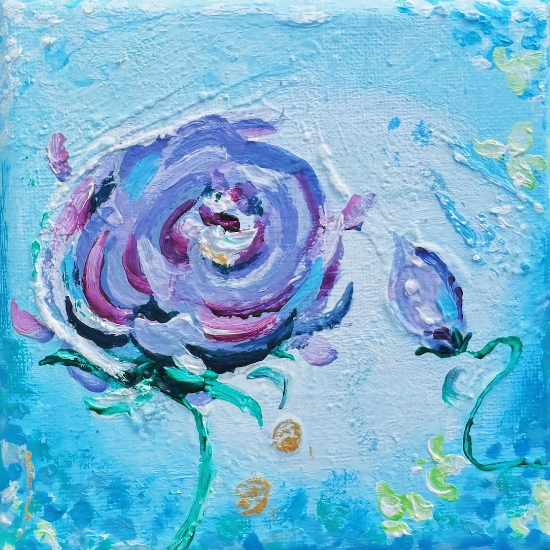 Close-up of Mini Miracle blue and purple floral artwork with gold accents