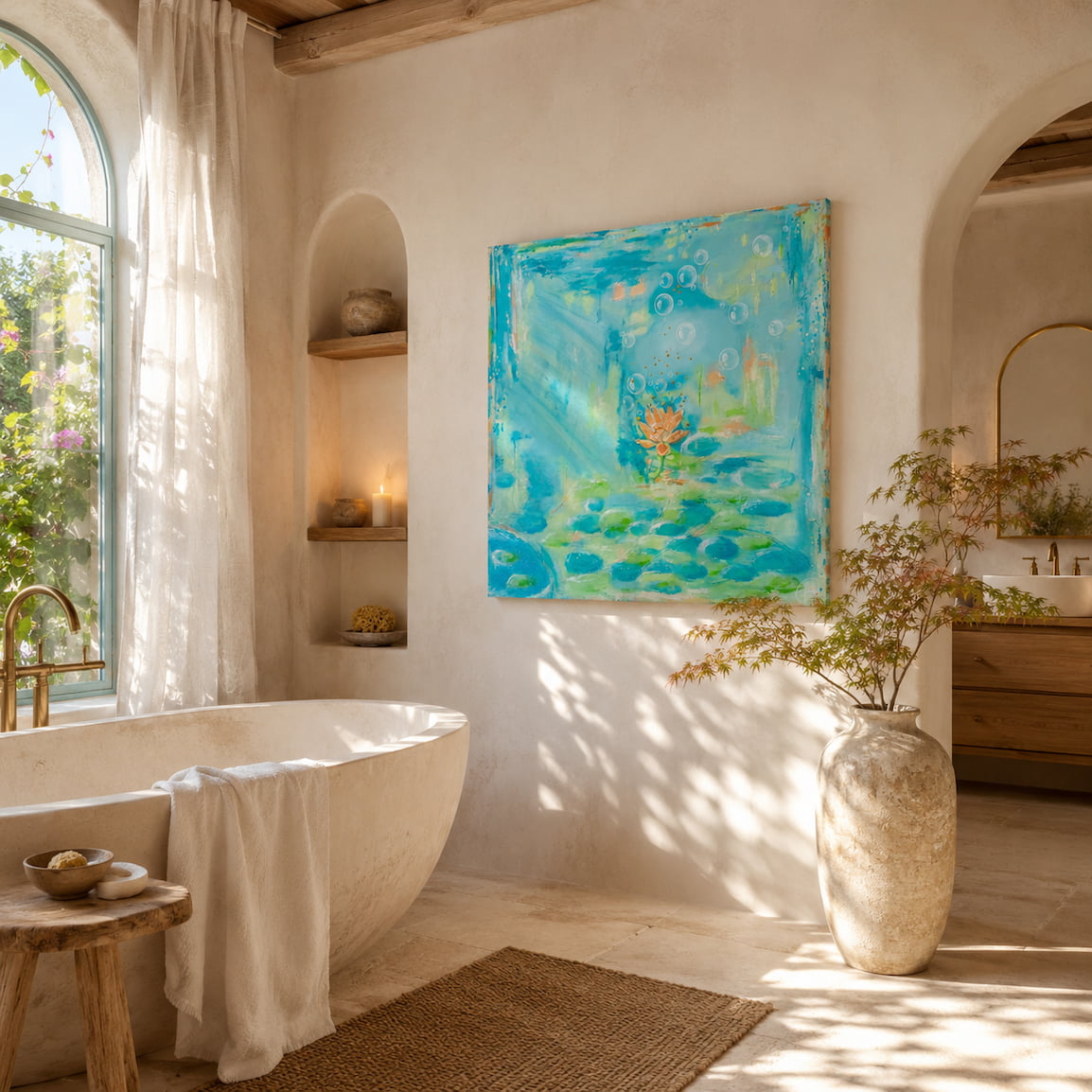 large original wall art with metal copper and pearlescent details on a sunlit wall in a bathroom
