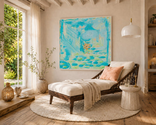 Green abstract wall art print with flower above a chaise longue on a wall in a warm living room