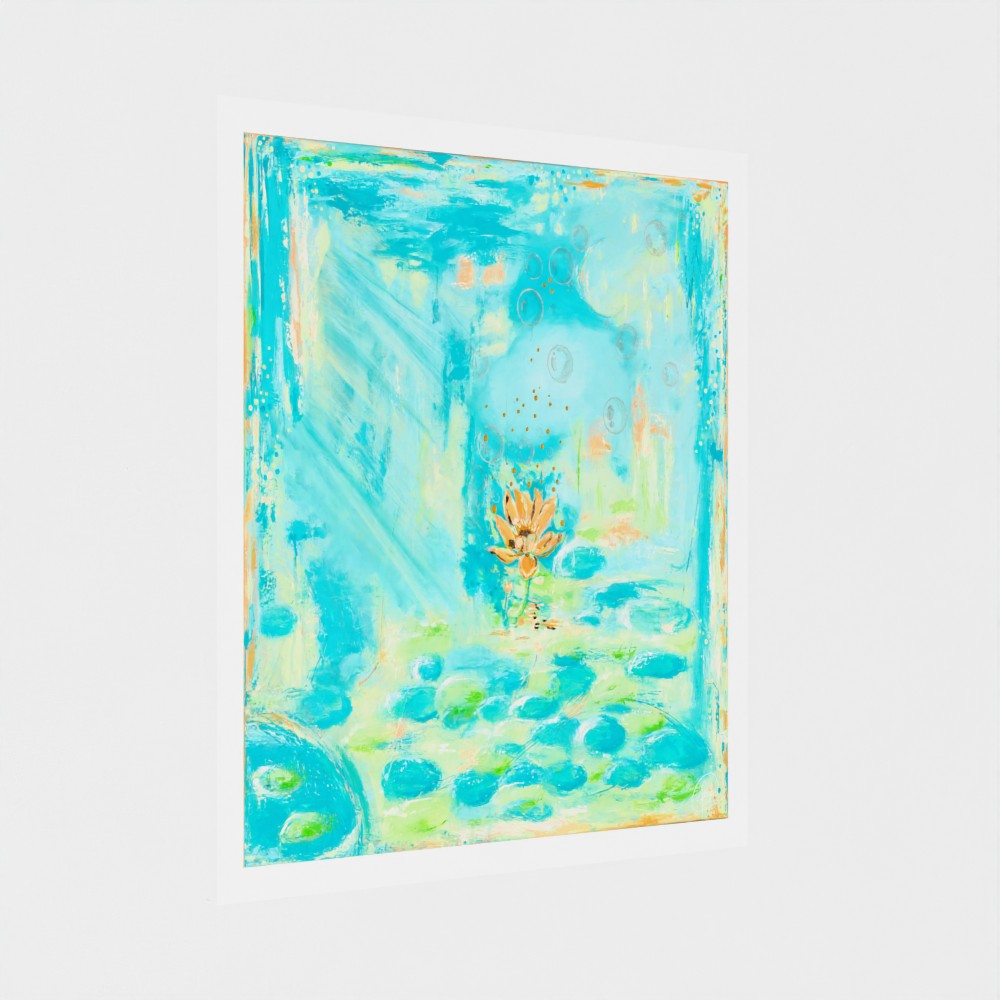 Bursting Into Bloom colourful abstract wall art print with white mat and slim white frame, styled on a modern white wall in an angled interior view.