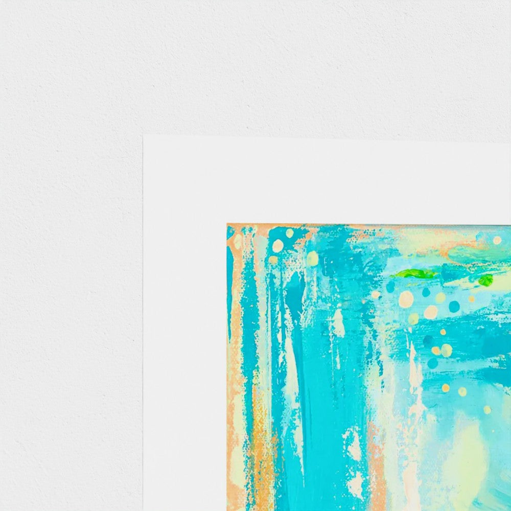 Close-up of the Bursting Into Bloom abstract fine art print showing rich brushstrokes, layered texture and white mat with a slim white frame.
