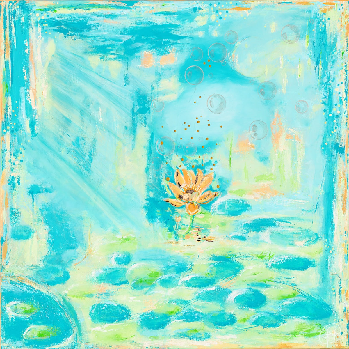 Abstract painting of a flower in a pond with blue and green tones and floating bubbles
