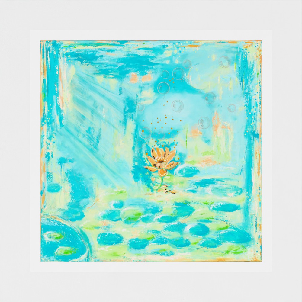 Bursting Into Bloom colourful abstract wall art print with white a flower displayed in a clean front-facing view on a white wall.