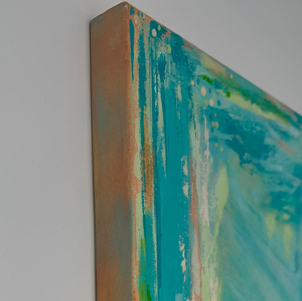 Bursting into Bloom Large Original Painting by Frauke Claire Unframed Ready to Hang features soft brushstrokes  vibrant colour and playful movement with touches of metallic copper and pearlescent shimmer