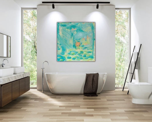 large original wall art with metal copper and pearlescent details on a bright wall in a bathroom