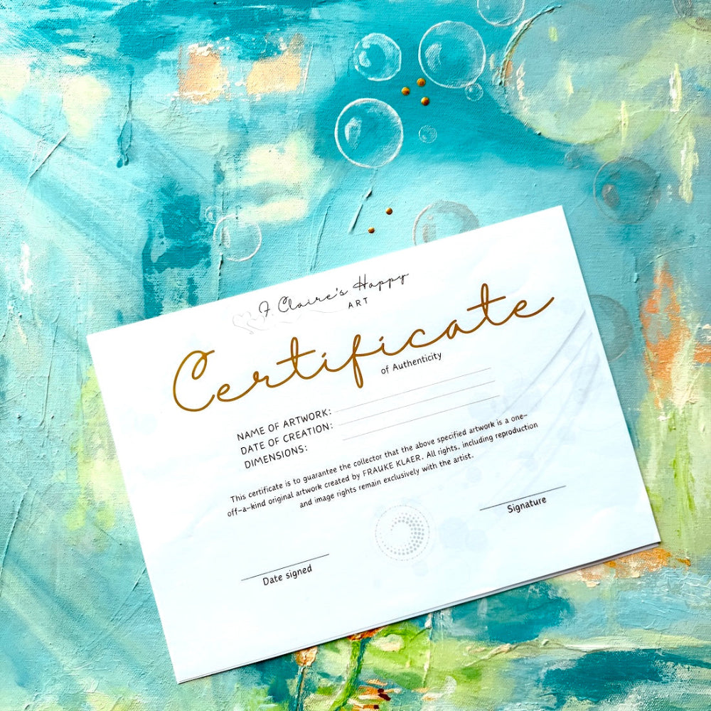 Certificate of authenticity on colourful painting with bubbles
