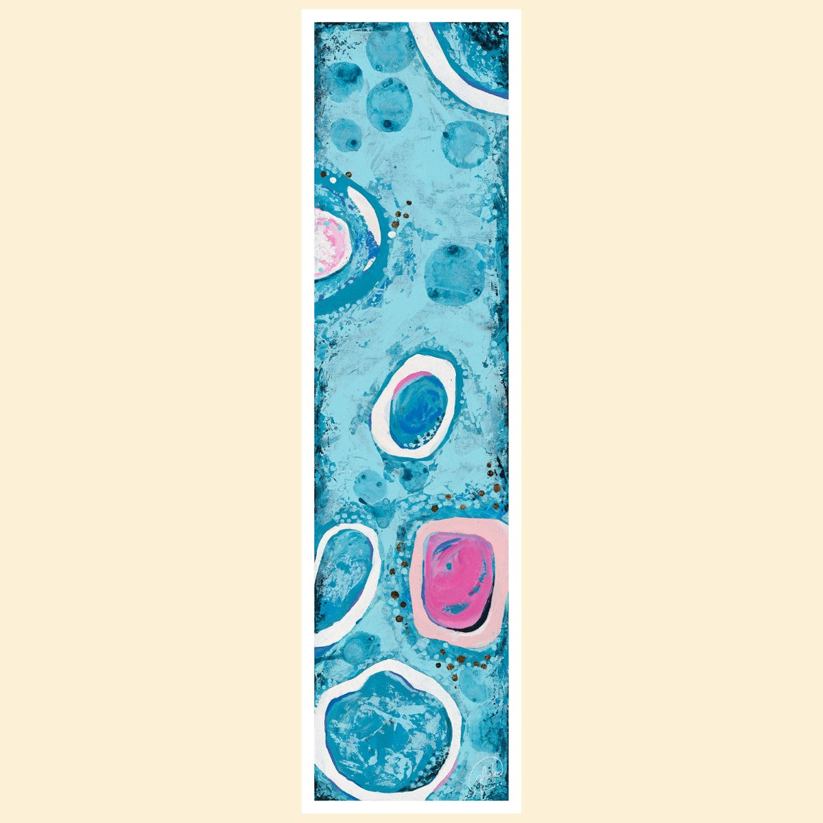 Abstract design wall art Dare to be Different with glowing turquoise, defiant pink and light-catching gold dots on premium paper