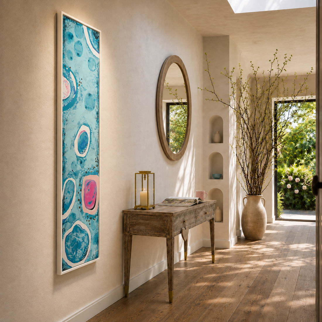 Dare to Be Different long abstract wall art in a sunlit hallway