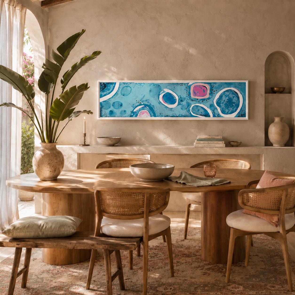 Slim horizontal wall art print in turquoise and pink displayed in a modern dining room
