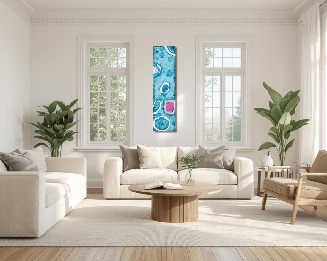Modern living room with a decorative wall art piece.