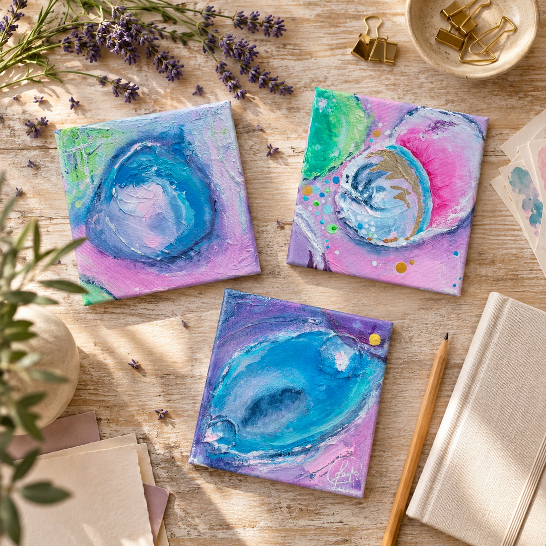 Three original abstract paintings laid on wood with blue, pink and purple details, lavender and gold clips