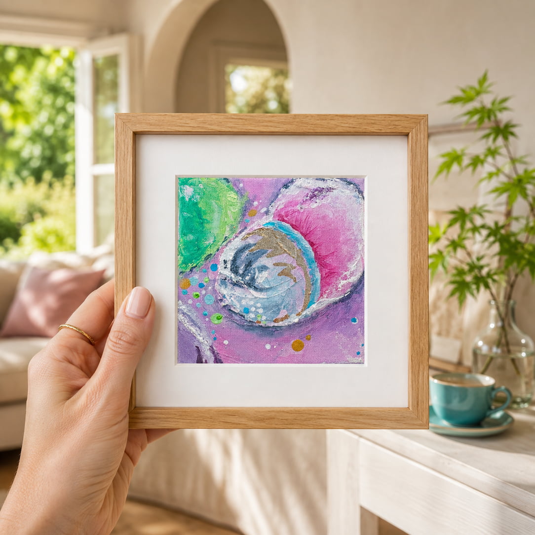 Enchanting Energy 2 mini art print oak framed, held in a living room