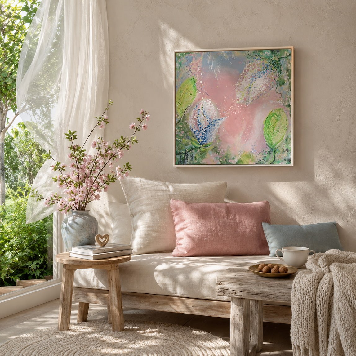 Find Aloha original abstract floral painting on canvas with wooden frame above a rustic timber bench in a sunlit boho living room - pink green and blue wall art