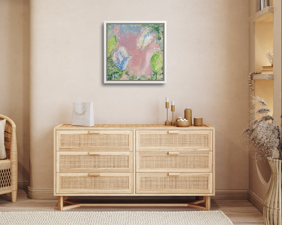 Find Aloha original abstract floral painting — soft pink with gold accents and dreamy green leaves — inspirational wall art by Frauke Claire Australia