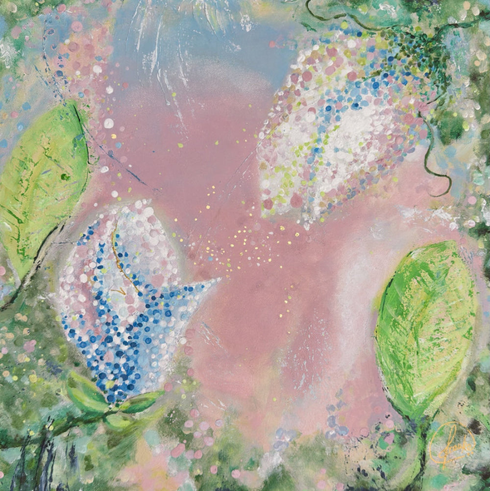 Abstract pink painting with floral elements and golden details