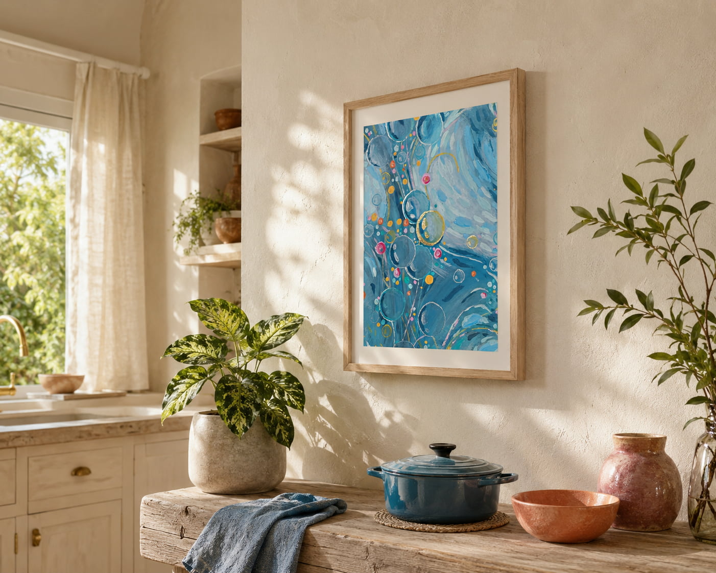 Blue and gold art print with floating bubbles on a sunlit kitchen wall