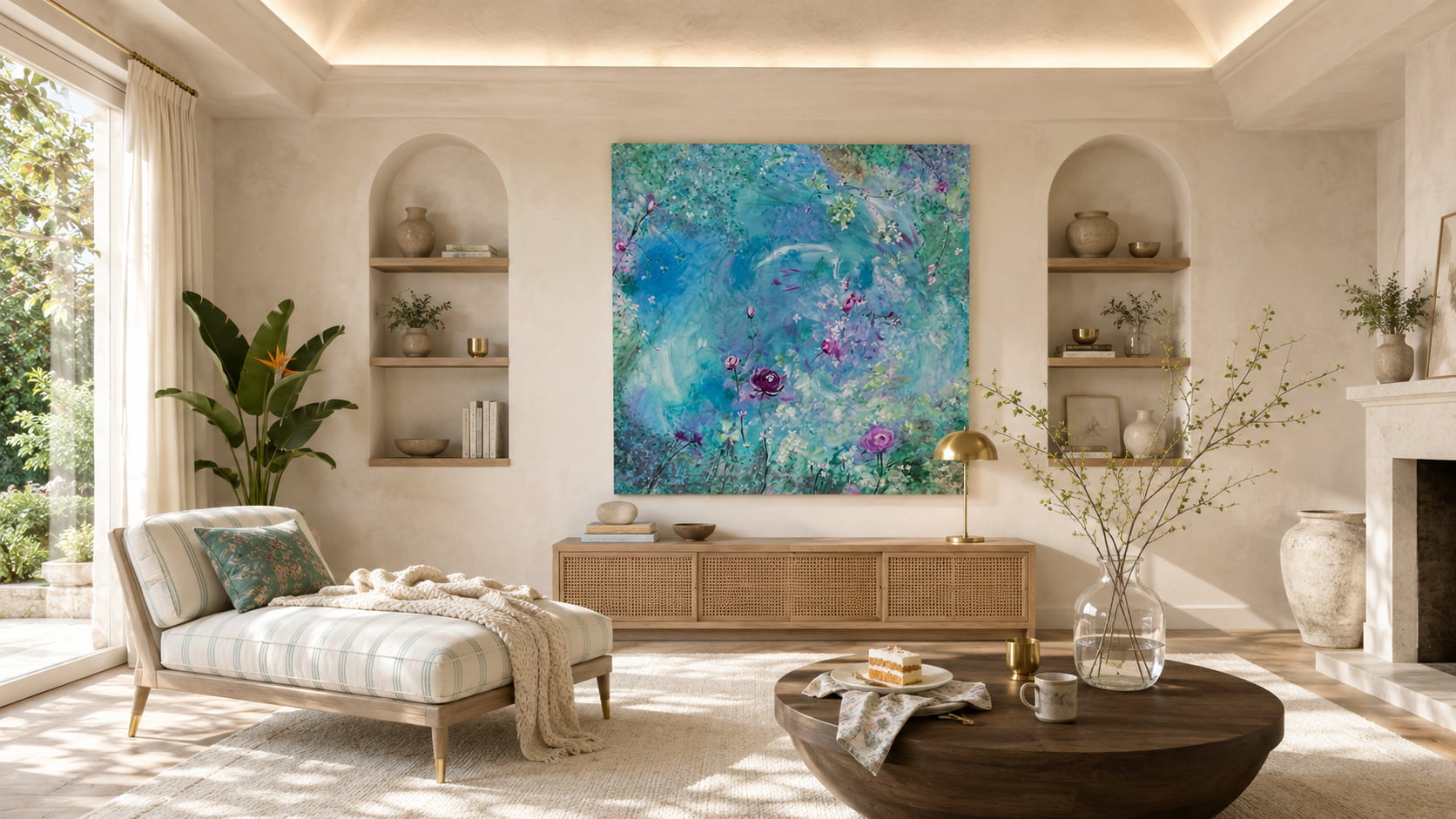 A large square abstract wall art featuring swirling blue, teal, and purple floral-like patterns, displayed in a bright, modern living room with a chaise lounge, wooden console, and round coffee table.