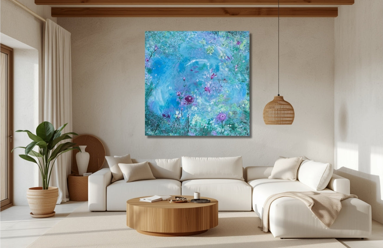 Modern living room with a large abstract painting on the wall
