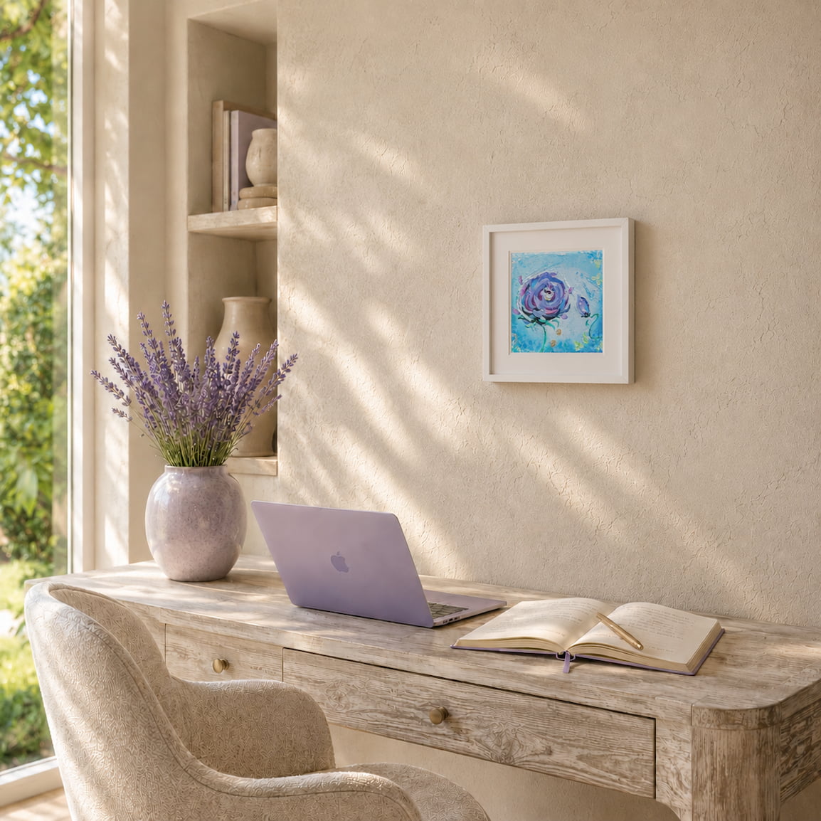 Mini Miracle floral wall art in a white frame above a home office desk