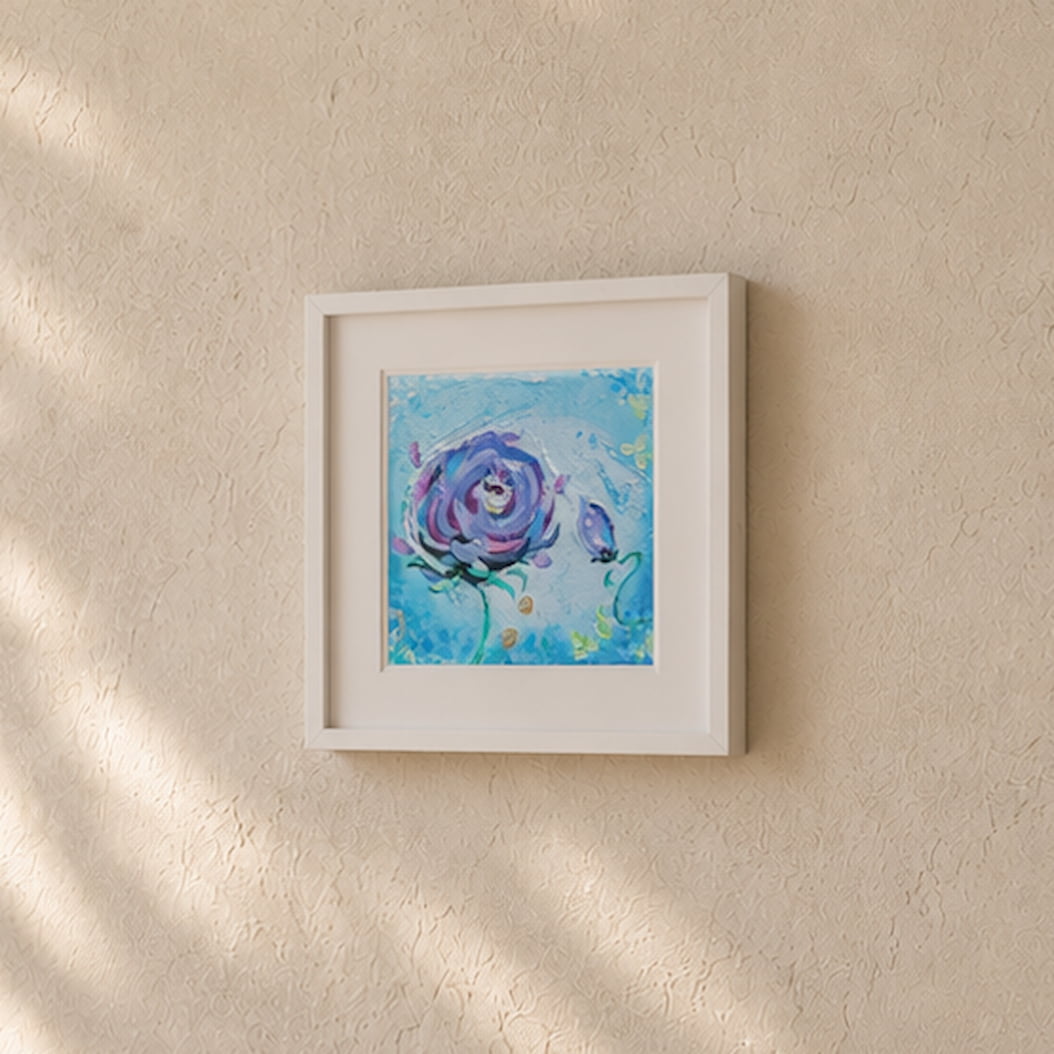 Mini Miracle white framed with cool blue and purple floral details