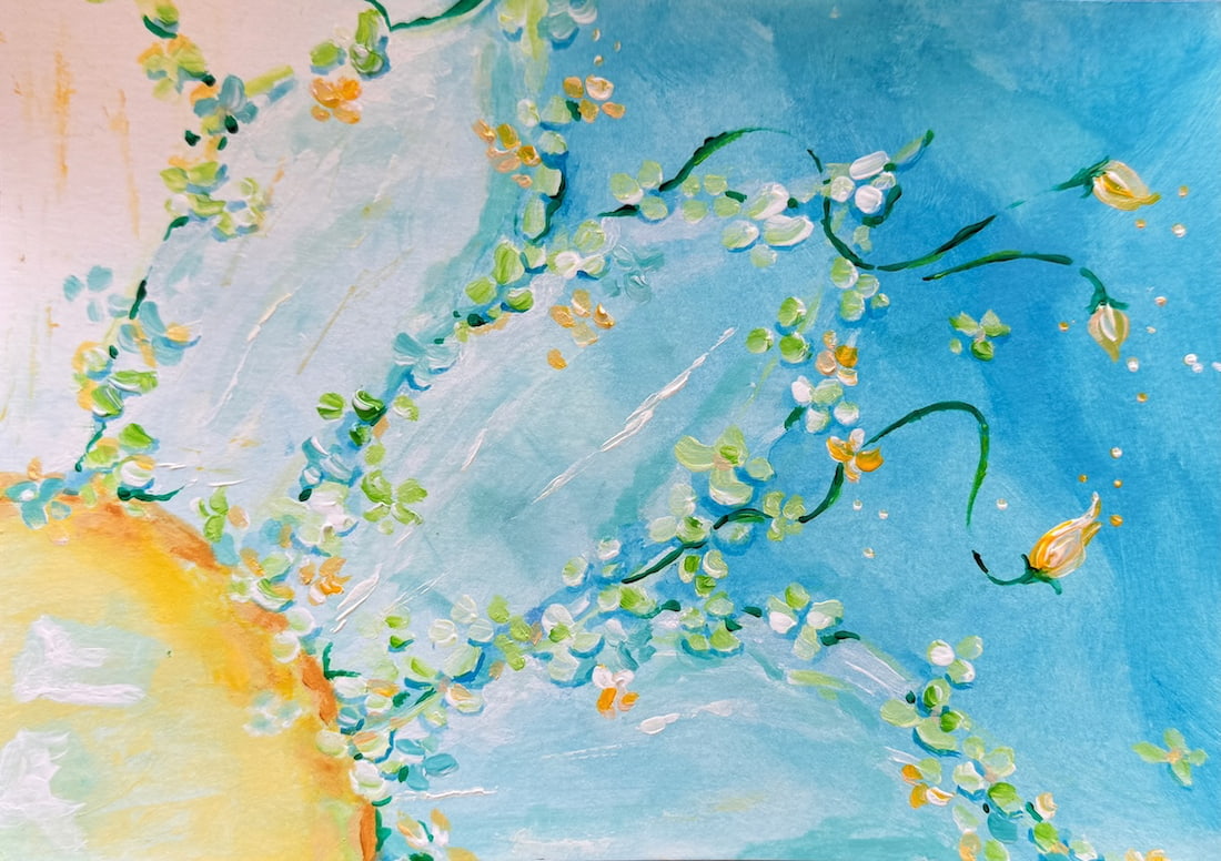 A colorful abstract painting featuring blue and yellow elements with a floral-like design