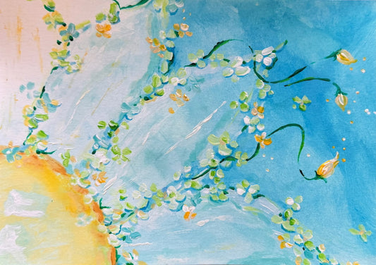 A colorful abstract painting featuring blue and yellow elements with a floral-like design