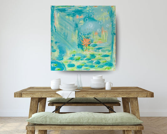 Bursting into Bloom Large Original Painting by Frauke Claire Unframed Ready to Hang features soft brushstrokes  vibrant colour and playful movement with touches of metallic copper and pearlescent shimmer
