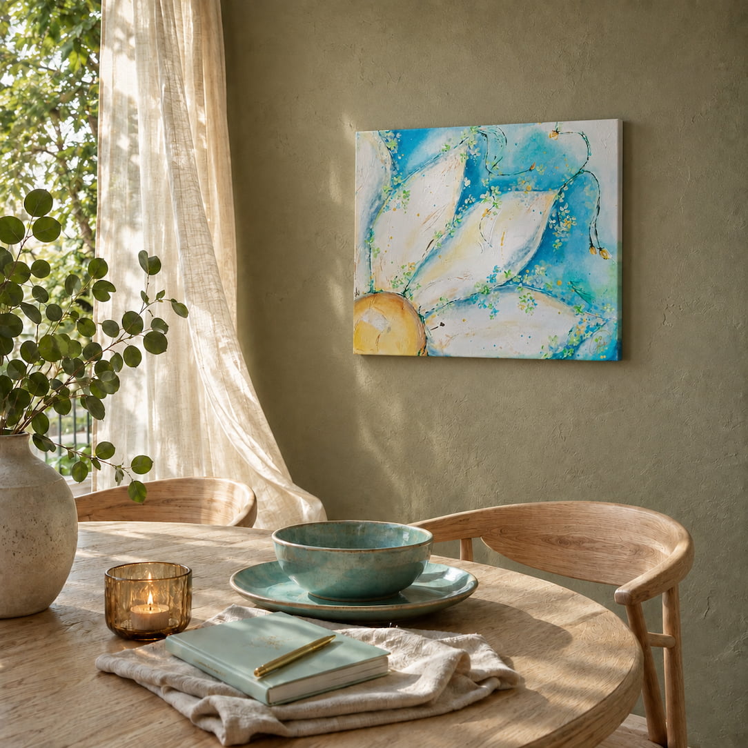Toward the Sun original blue and yellow floral painting in a dining room