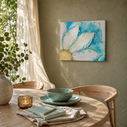 Toward the Sun original blue and yellow floral painting in a dining room