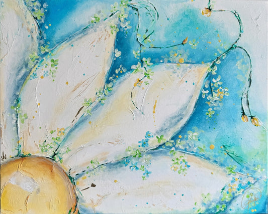 Toward the Sun Original Painting by Frauke Claire Unframed Ready to Hang abstract flower painting in calming blue light yellow gentle white and shimmering gold