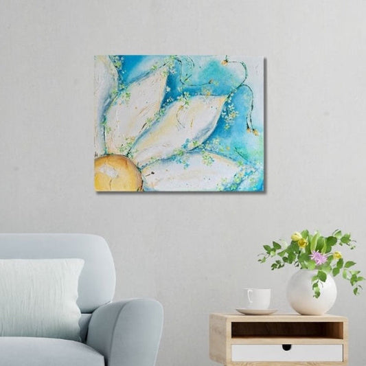 Toward the Sun Original Floral Painting by Frauke Claire Unframed Ready to Hang abstract flower painting in calming blue light yellow gentle white and shimmering gold on a wall above a sofa